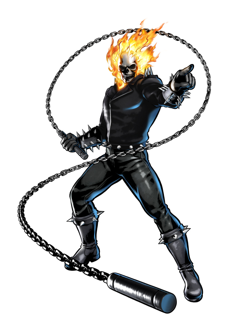 absurdres chain chains fire ghost_rider highres jacket looking_at_viewer marvel marvel_vs._capcom marvel_vs._capcom_3 marvel_vs_capcom mori_toshiaki official_art pointing shinkiro simple_background skull solo spikes transparent_background