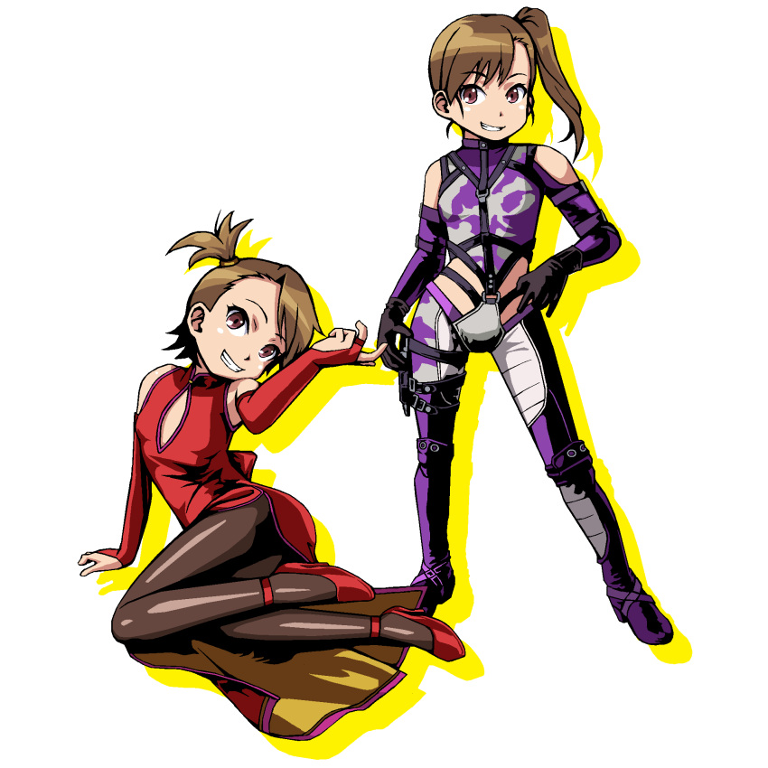 anna_williams anna_williams_(cosplay) bare_shoulders bodysuit bridal_gauntlets brown_eyes brown_hair china_dress chinese_clothes cleavage_cutout company_connection cosplay elbow_gloves flat_chest futami_ami futami_mami gloves grin high_heels highres holster idolmaster long_hair mspaint multiple_girls namco nina_williams nina_williams_(cosplay) pantyhose scrunchie shoes short_hair siblings side_ponytail sisters smile tekken thigh_holster tomonotomono twins