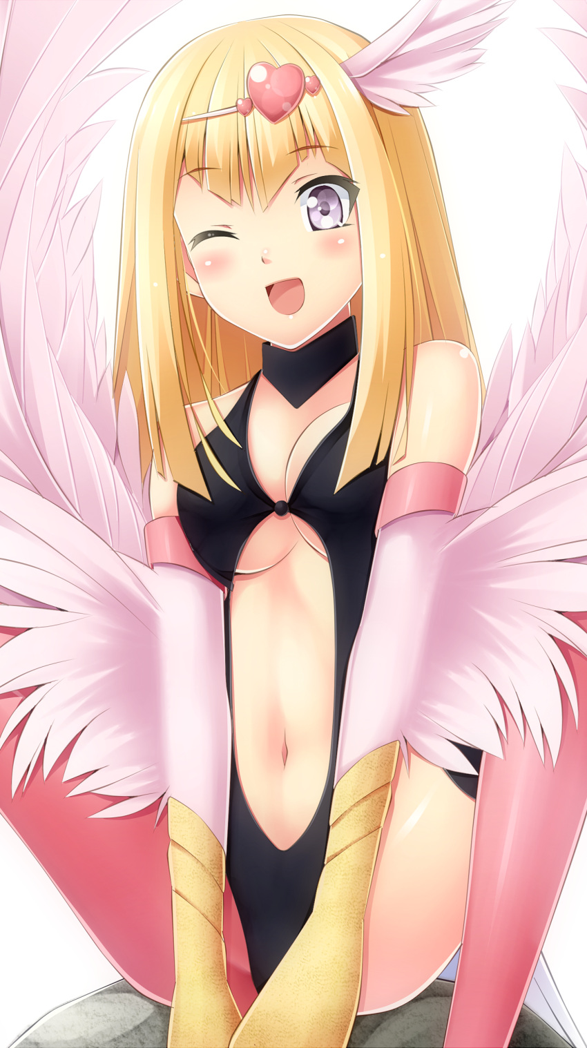 ;d absurdres asymmetrical_clothes bare_shoulders blonde_hair blush breasts cleavage duel_monster feather hair_ornament harpie_girl harpy head_wings highres komitsu long_hair midriff navel open_mouth purple_eyes red_legwear rock simple_background sitting smile solo thigh-highs thighhighs violet_eyes white_background wings wink yu-gi-oh! yuu-gi-ou yuu-gi-ou_5d's yuu-gi-ou_duel_monsters