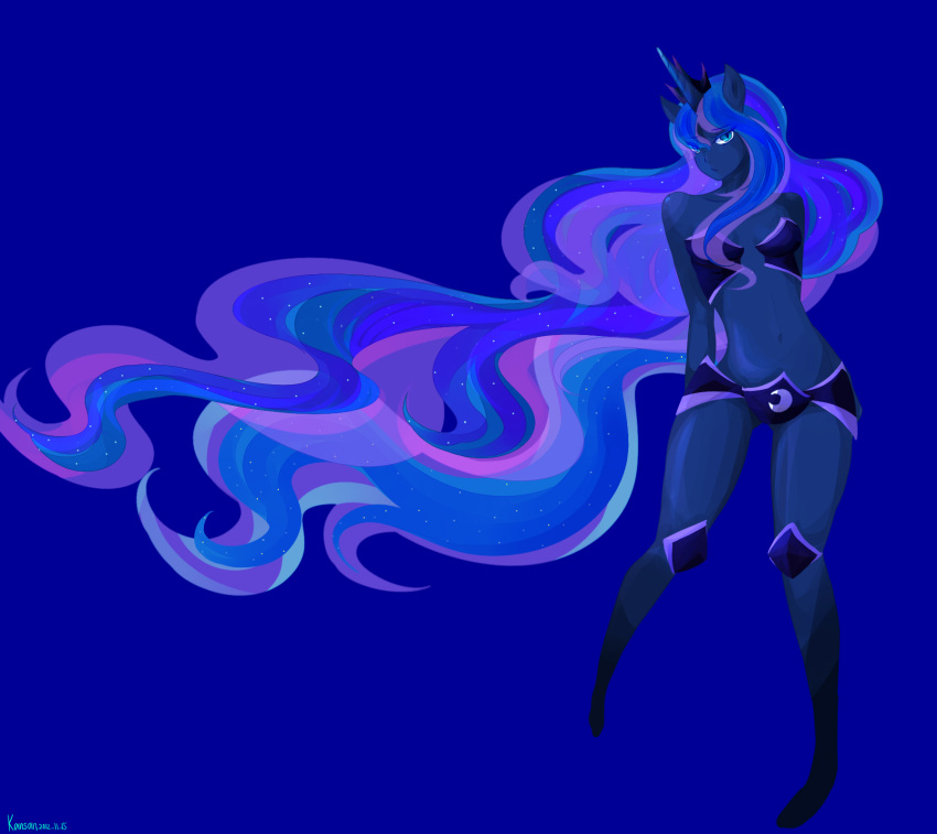 2012 animal_ears artist_name bare_shoulders blue blue_background blue_eyes blue_skin dark_skin dated full_body highres horn kansan long_hair luna_(my_little_pony) multicolored_hair my_little_pony my_little_pony_friendship_is_magic navel personification very_long_hair