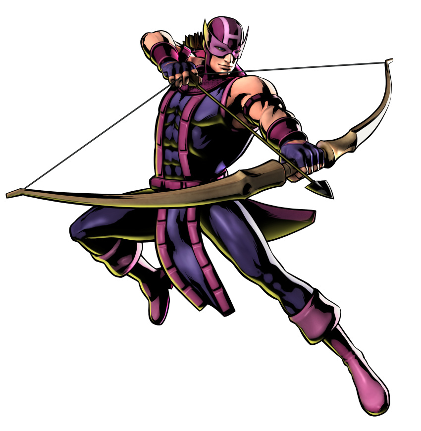 1boy absurdres arrow bow_(weapon) hawkeye_(marvel) highres jumping male marvel marvel_vs._capcom marvel_vs._capcom_3 marvel_vs_capcom marvel_vs_capcom_3 mask mori_toshiaki muscle official_art shinkiro simple_background solo transparent_background weapon