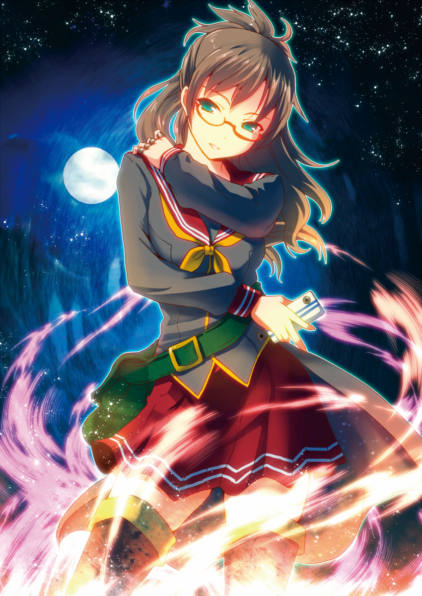 bag cellphone full_moon glasses green_eyes highres irusu long_hair moon night open_mouth original phone red-framed_glasses school_uniform skirt smile solo standing thigh-highs thighhighs