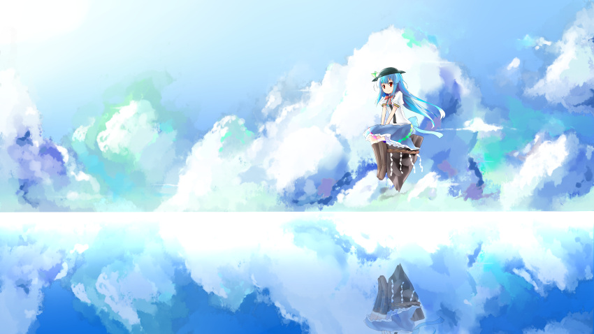 blue_hair boots cloud clouds dress hat highres hinanawi_tenshi keystone long_hair red_eyes reflection scenery shuizao_(little_child) sitting skirt sky smile solo touhou water
