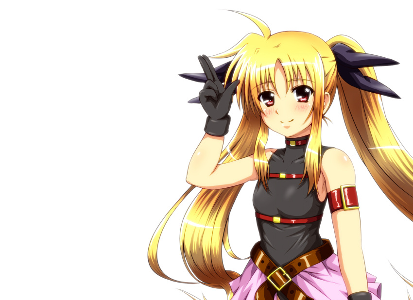 arm_garter bare_shoulders belt blonde_hair blush collarbone diesel diesel-turbo fate_testarossa flat_chest gloves hair_ribbon long_hair lyrical_nanoha mahou_shoujo_lyrical_nanoha mahou_shoujo_lyrical_nanoha_a's mahou_shoujo_lyrical_nanoha_the_movie_1st red_eyes revision ribbon salute simple_background skirt smile solo twintails