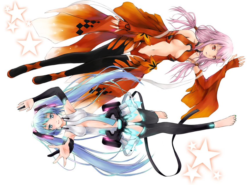 aqua_eyes barefoot breasts center_opening cleavage crown dan_(killaflip) elbow_gloves gloves guilty guilty_crown hatsune_miku hatsune_miku_(append) highres long_hair miku_append multiple_girls navel pink_hair red_eyes thigh-highs thighhighs twintails vocaloid vocaloid_append white yuzuriha_inori