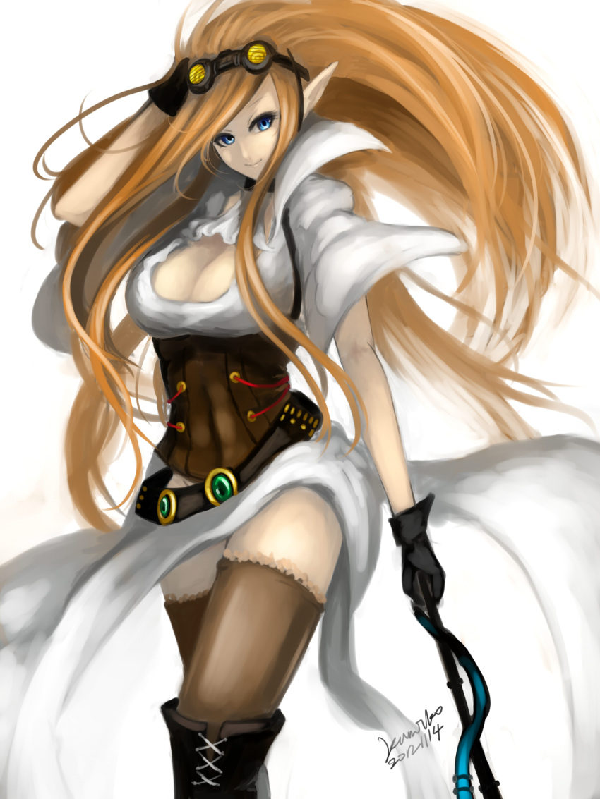aleron bare_arms blonde_hair blue_eyes boots goggles highres holding janna_windforce kumiko_(aleron) league_of_legends pixiv_thumbnail solo thigh-highs thighhighs weapon