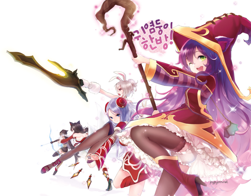 :d ahri alternate_costume animal_ears arrow ashe_(league_of_legends) bad_id bag bare_shoulders blade bloomers blue_eyes boots bow_(weapon) brown_hair bunny_ears bunnysuit cape detached_sleeves dress elune_(artist) female fox_ears fox_tail frilled_dress frills green_eyes hair_ornament hat high_heels hood irelia joypyonn korean league_of_legends long_hair lulu_(league_of_legends) multiple_girls multiple_tails open_mouth panties pantyhose pantyshot purple_hair purse rabbit_ears riven_(league_of_legends) shoes short_hair silver_hair simple_background skirt smile sparkle staff tail thigh-highs thighhighs translation_request underwear weapon white_background wink witch_hat