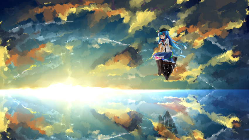 blue_hair boots cloud clouds dress hat highres hinanawi_tenshi keystone long_hair red_eyes reflection scenery shuizao_(little_child) sitting skirt sky smile solo sunset touhou water