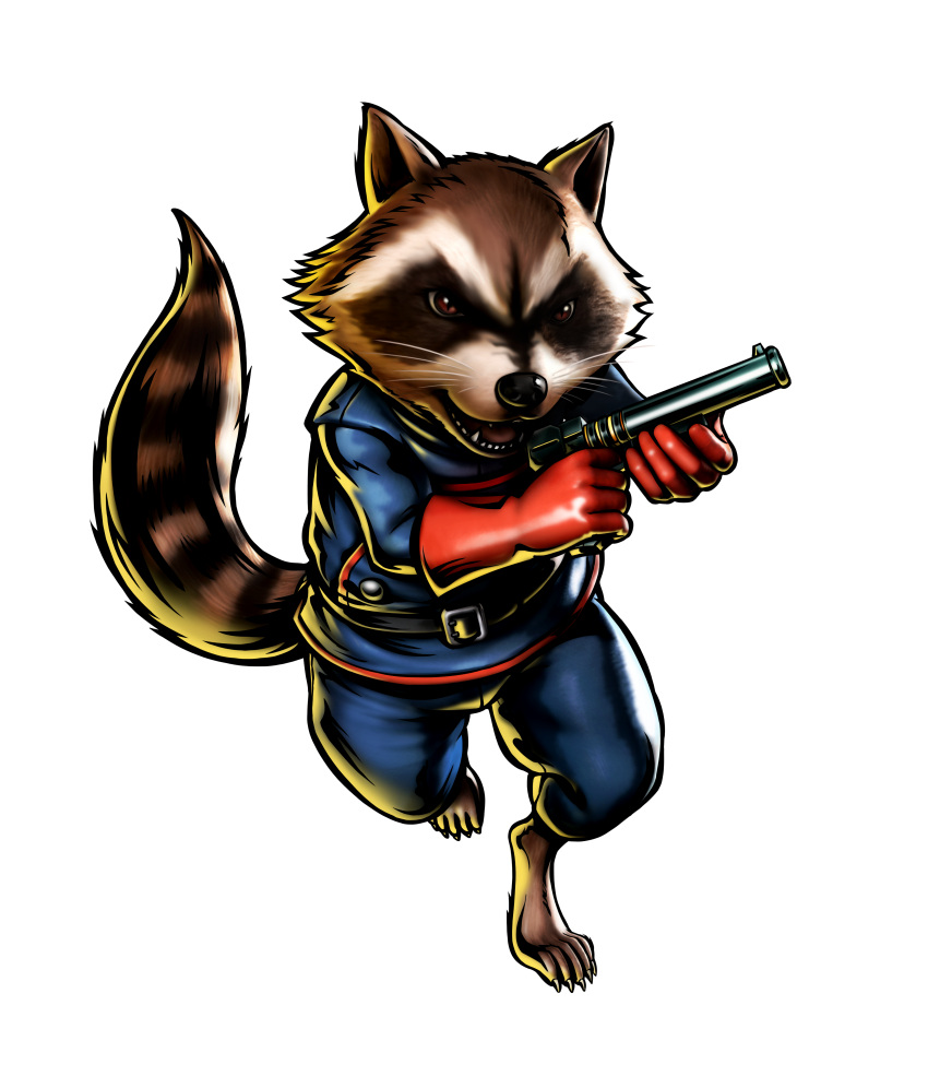 absurdres animal fangs gloves gun highres marvel marvel_vs._capcom marvel_vs._capcom_3 marvel_vs_capcom marvel_vs_capcom_3 mori_toshiaki no_humans official_art raccoon rocket_raccoon shinkiro simple_background solo tail transparent_background weapon