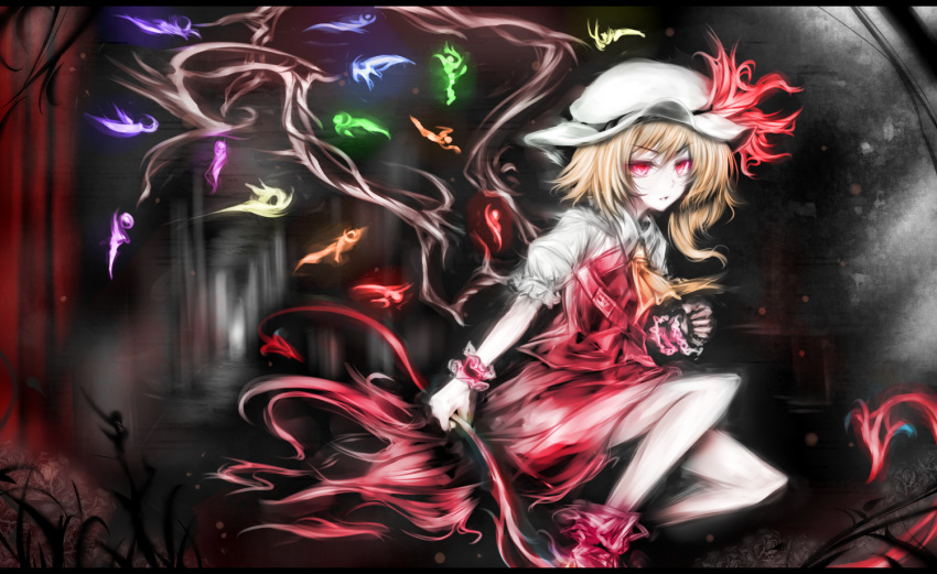 acryl ascot blonde_hair flandre_scarlet hat hat_ribbon holding laevatein looking_at_viewer red_eyes ribbon side_ponytail skirt solo touhou wings wrist_cuffs