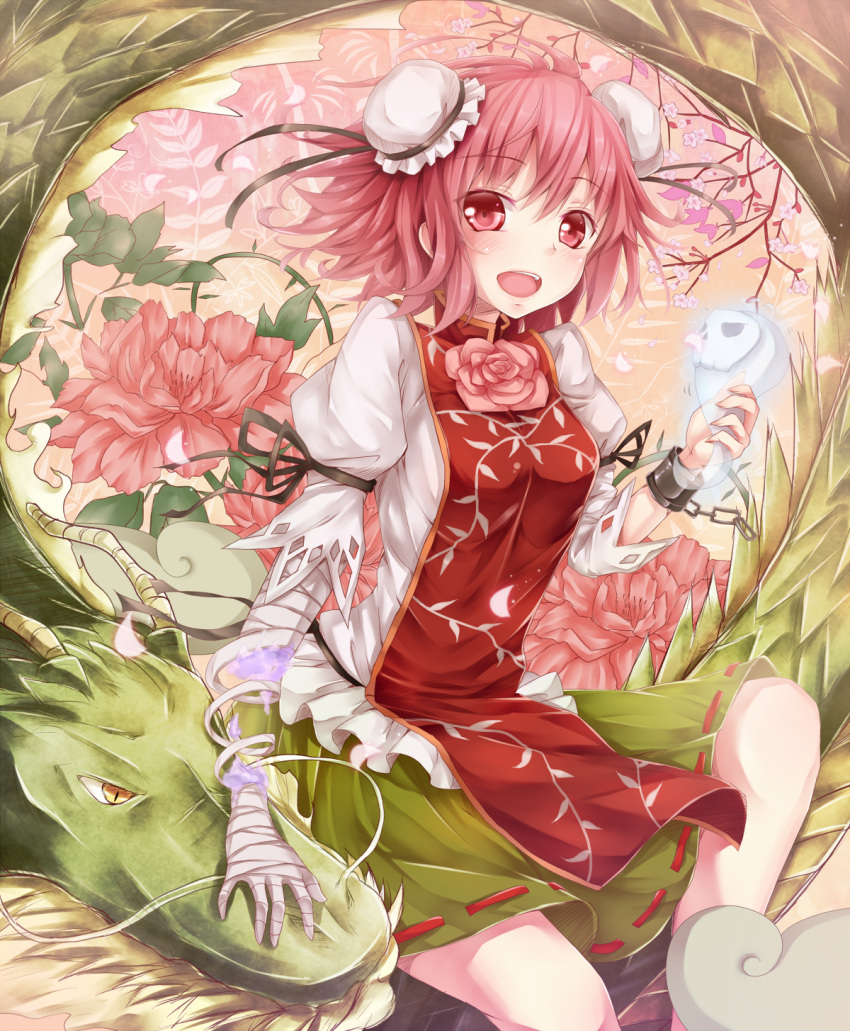 :d amputee bandage bandages blush bun_cover chain chains cherry_blossoms cuffs dabadhi double_bun dragon eastern_dragon flower highres hitodama ibaraki_kasen looking_at_viewer manacles open_mouth peony_(flower) petals pink_eyes pink_hair pink_rose revision rose short_hair smile solo tabard touhou