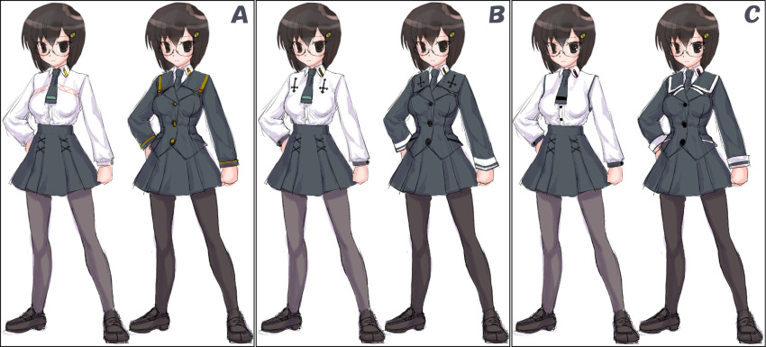 black_hair bob_cut expressionless glasses hair_ornament hairclip hand_on_hip hechi highres jacket necktie original pantyhose short_hair simple_background skirt thigh-highs thighhighs uniform white_background