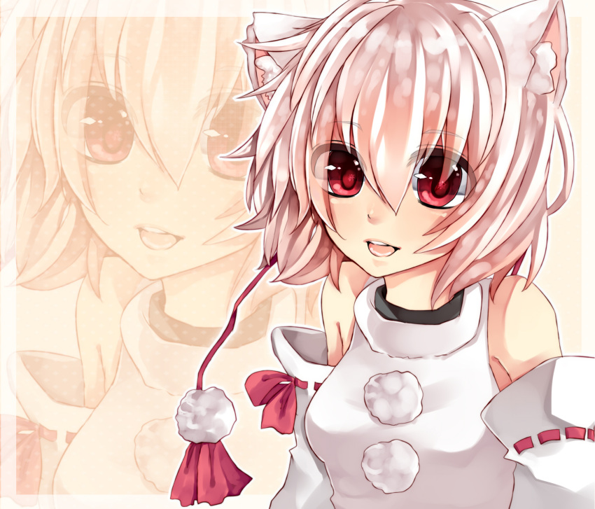 animal_ears bare_shoulders breasts detached_sleeves hat highres inubashiri_momiji open_mouth red_eyes revision short_hair smile solo tokin_hat touhou wakatsuki_you white_hair wolf_ears