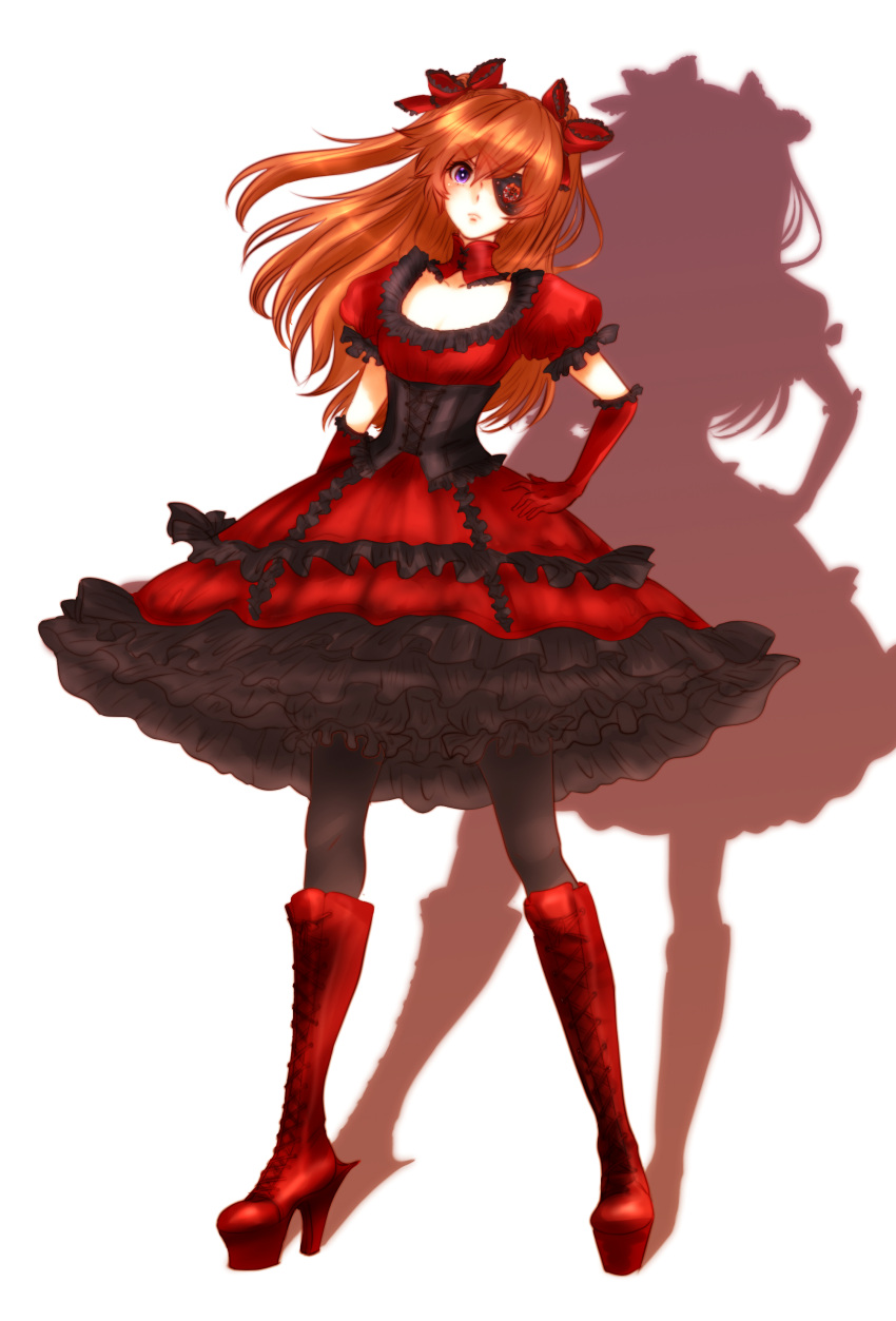 absurdres alternate_costume blue_eyes boots cross-laced_footwear dress elbow_gloves frills gloves hair_ribbon hand_on_hip high_heels highres knee_boots neon_genesis_evangelion nurupoga pantyhose rebuild_of_evangelion red_dress red_hair redhead ribbon shikinami_asuka_langley shoes solo soryu_asuka_langley souryuu_asuka_langley two_side_up