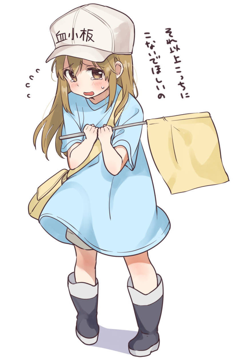 1girl bag bangs black_footwear blue_shirt blush boots brown_eyes character_name clothes_writing commentary_request eyebrows_visible_through_hair flag flat_cap flying_sweatdrops grey_hat grey_shorts hair_between_eyes hat hataraku_saibou highres holding holding_flag light_brown_hair long_hair looking_at_viewer open_mouth platelet_(hataraku_saibou) pomu shirt short_shorts short_sleeves shorts shoulder_bag solo standing sweat tears translated white_background