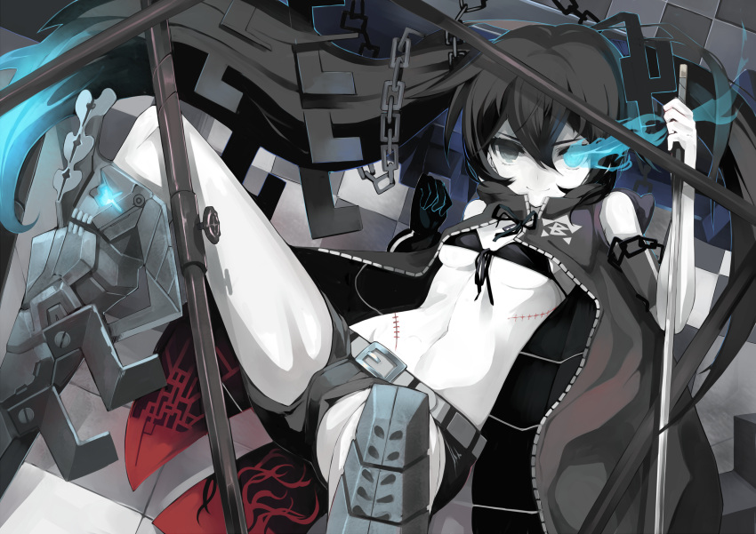 absurdres begbeing bikini_top black_eyes black_hair black_rock_shooter black_rock_shooter_ black_rock_shooter_(character) boots breasts chain chains glowing glowing_eyes high_res highres izuru_(timbermetal) long_hair looking_at_viewer midriff navel pale_skin revision scar shitapai shorts smile solo sword twintails under_boob underboob very_long_hair vocaloid weapon