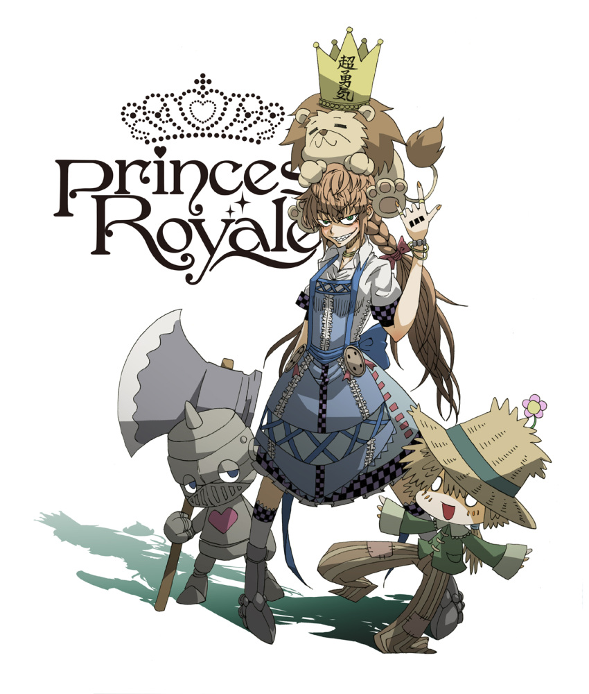 axe brown_eyes cowardly_lion crown dorothy_gale green_eyes grin highres princess_royale scarecrow scarecrow_(twooz) smile solo the_wizard_of_oz tin_man tori_(artist) tori_(hiyoko_bazooka) toto_(twooz) weapon