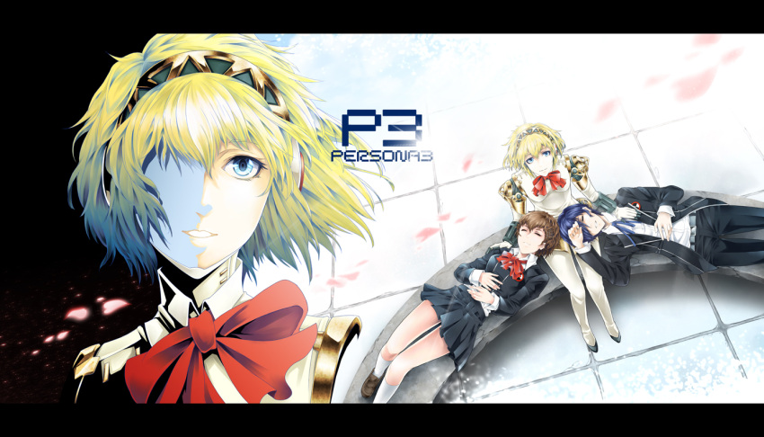 android arisato_minato arkatopia blonde_hair blue_eyes blue_hair bow brown_hair closed_eyes eyes_closed female_protagonist_(persona_3) hair_over_one_eye persona persona_3 persona_3_portable ribbon robot_joints school_uniform short_hair smile