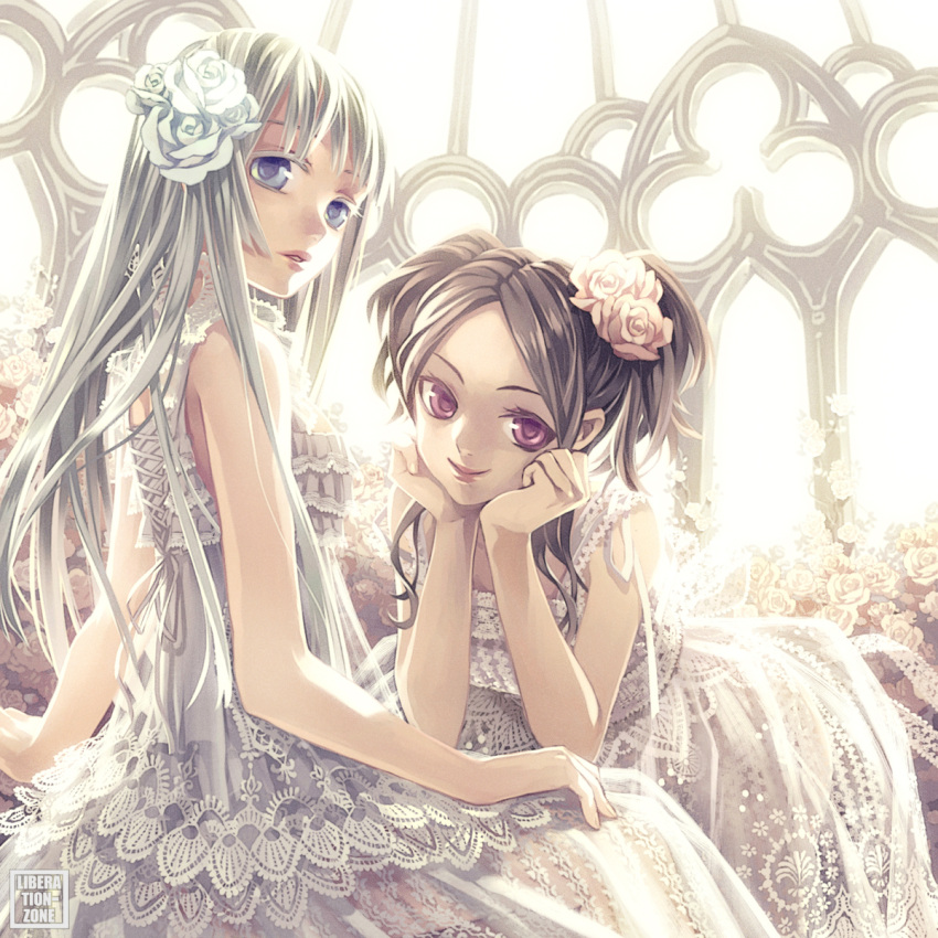 bare_shoulders blonde_hair blue_eyes brown_hair chin_rest colored_eyelashes dress flower hair_flower hair_ornament hands_on_own_cheeks hands_on_own_face highres lace long_hair minami_seira multiple_girls original parted_lips purple_eyes revision rose smile twintails violet_eyes white white_dress window