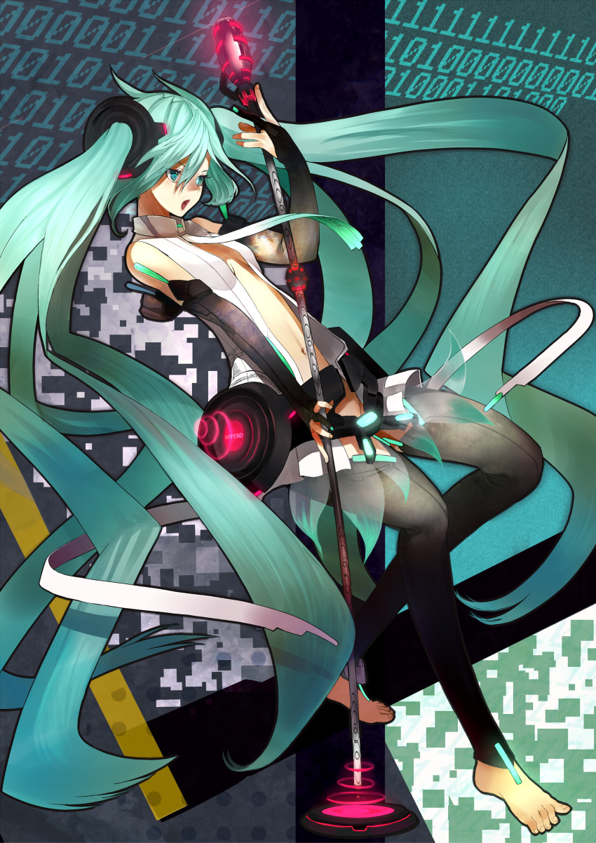 absurdres aqua_eyes aqua_hair barefoot belt binary bridal_gauntlets elbow_gloves fingerless_gloves gloves hatsune_miku hatsune_miku_(append) highres long_hair microphone microphone_stand miku_append navel necktie revision shirabi shirabi_(life-is-free) solo toeless_socks toes twintails very_long_hair vocaloid vocaloid_append