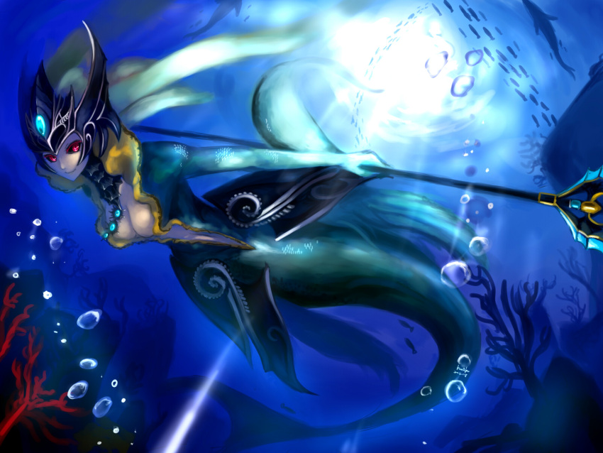 aleron black_sclera breasts bubble cleavage fish forehead_protector highres kumiko_(aleron) league_of_legends light long_hair mermaid monster_girl nami_(league_of_legends) red_eyes smile solo staff tail trident underwater water weapon