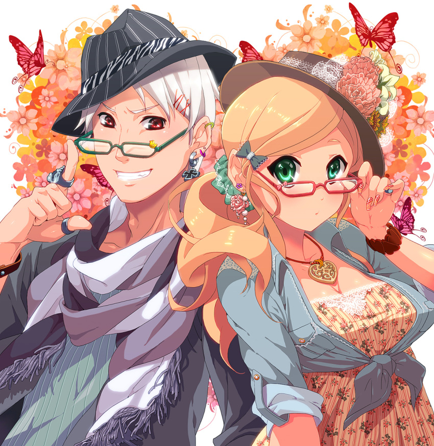 blonde_hair fashion fedora fingernails floral_print flower glasses green_eyes hair_ornament hat highres hungary_(hetalia) jewelry keiko_rin prussia_(hetalia) red_eyes revision ring scrunchie sleeves_rolled_up white_hair wristband