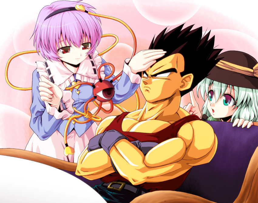 2girls belt black_hair blush breasts chair crossover curious dragon_ball dragon_ball_gt dragon_ball_z dragonball_z gloves green_eyes green_hair hairband hat heart jeans kamishima_kanon komeiji_koishi komeiji_satori long_sleeves male multiple_girls muscle open_mouth pink_hair poking red_eyes ribbon short_hair sitting skirt smile spiked_hair spiky_hair t-shirt third_eye touhou vegeta wide_sleeves