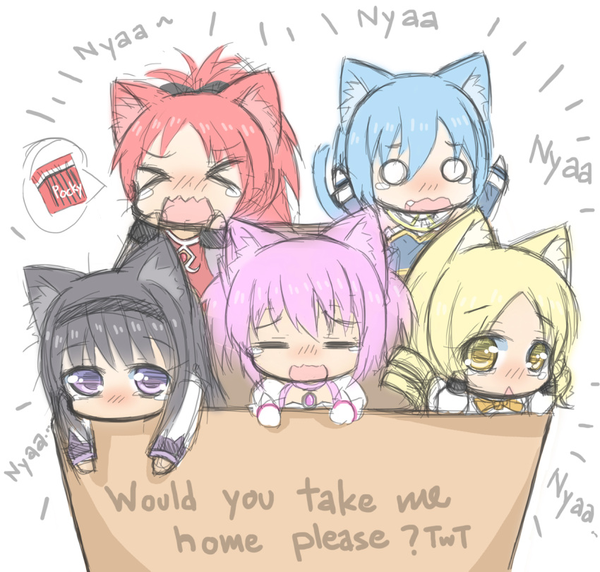 &gt;_&lt; :&lt; =_= akemi_homura animal_ears arms_up black_hair blonde_hair blue_hair blush bow box cat_ears cat_tail closed_eyes crying drill_hair english eyes_closed fang for_adoption greenteaneko hair_bow hairband highres in_box in_container kaname_madoka kemonomimi_mode looking_at_viewer magical_girl mahou_shoujo_madoka_magica miki_sayaka multiple_girls nyan o_o open_mouth pink_hair pocky purple_eyes red_hair redhead sakura_kyouko sketch tail tears tomoe_mami twin_drills twintails violet_eyes wavy_mouth yellow_eyes