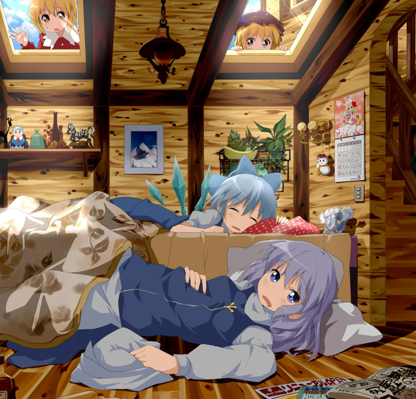 aki_minoriko aki_shizuha apron bed blanket blonde_hair blue_dress blue_sky bow calendar_(object) character_doll cirno dress floral_print food fruit grapes hair_bow hand_on_stomach hat hat_removed headwear_removed highres lamp letty_whiterock lily_white long_hair long_sleeves looking_at_viewer lying mountain multiple_girls newspaper on_back on_bed on_floor on_stomach picture_(object) pillow plant potted_plant puffy_sleeves purple_eyes purple_hair shelf short_hair short_sleeves siblings silver_hair sisters sky sleeping snowman stairs touhou tsurukou_(tksymkw) violet_eyes waist_apron white_dress window wings yellow_eyes zebra