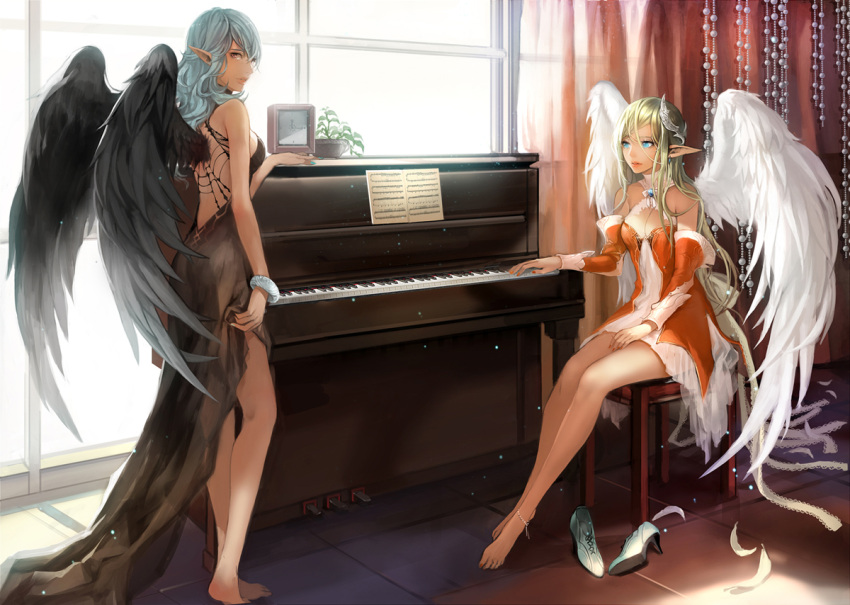 angel angel_wings anklet bare_shoulders barefoot black_wings blonde_hair blue_eyes bracelet curtains ddongu detached_collar detached_sleeves earrings elf feathers grey_hair hair_ornament high_heels instrument jewelry legs long_hair long_legs multiple_girls nail_polish original piano plant pointy_ears potted_plant sheet_music shoes shoes_removed sitting standing wings