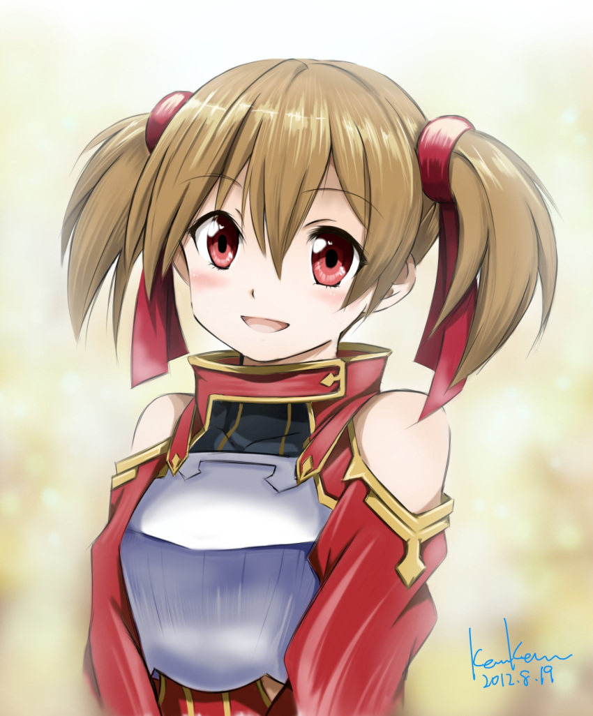 :d artist_name blush breastplate brown_hair hair_ribbon highres kem_kem open_mouth red_eyes revision ribbon short_twintails silica smile solo sword_art_online twintails