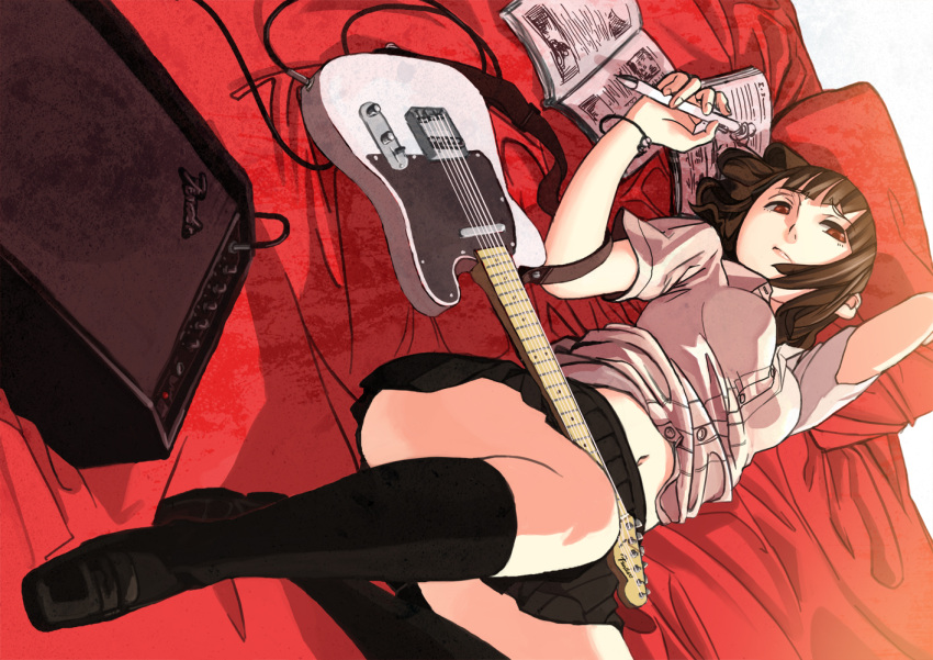 amplifier bed book brown_hair fujita_(condor) guitar hime_cut instrument looking_at_viewer lying navel on_back original pen red_eyes shoes skirt solo