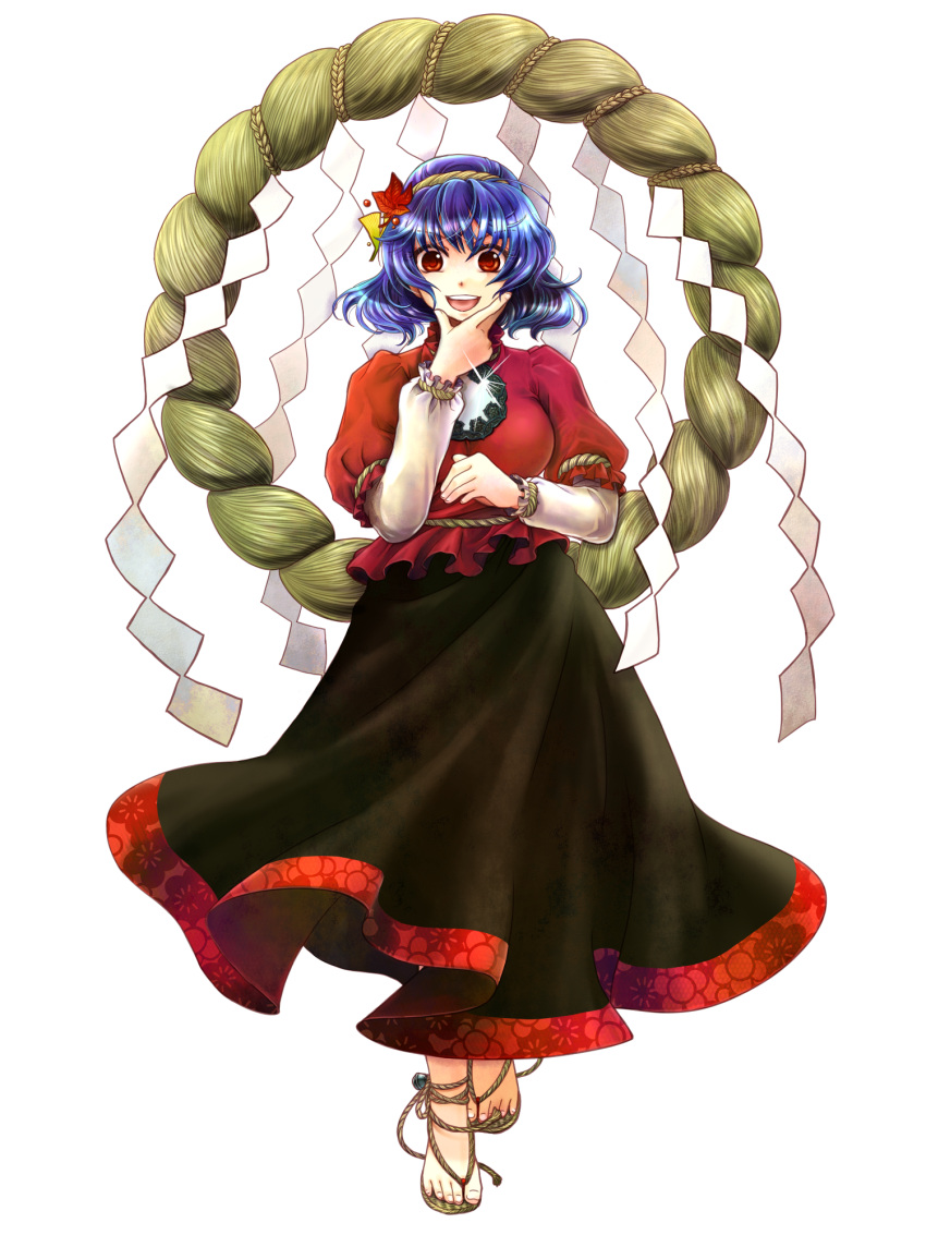 anklet bell blue_hair feet highres jewelry long_skirt no_socks red_eyes revision rope sandals short_hair simple_background skirt socha solo touhou transparent_background yasaka_kanako