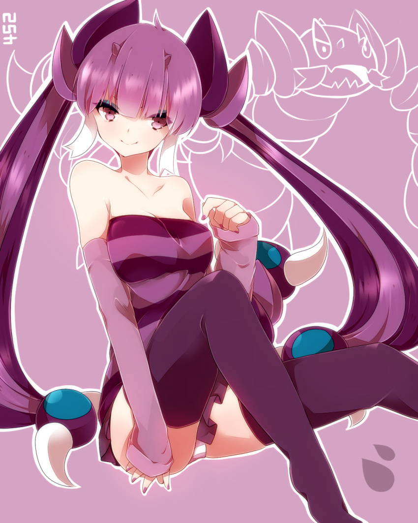 bare_shoulders breasts cleavage detached_sleeves drapion highres horns long_hair nail_polish panties personification pokemon purple_eyes purple_hair smile solo striped striped_panties takeshima_(nia) thigh-highs thighhighs twintails underwear violet_eyes