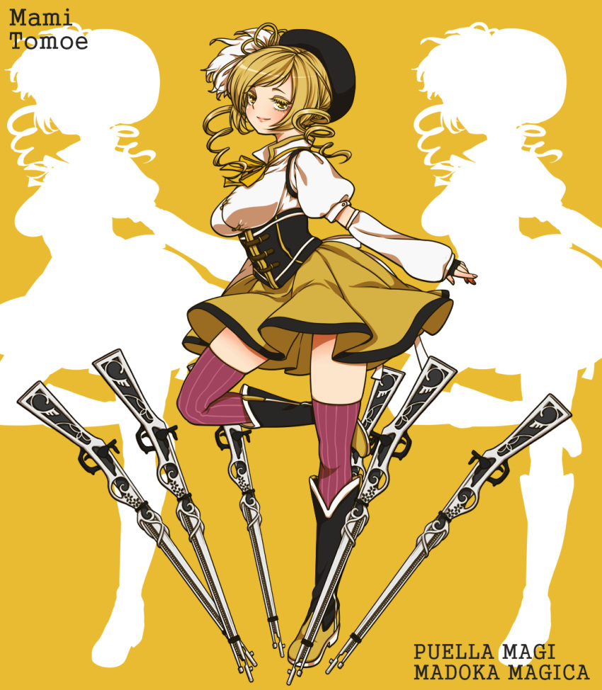 beret blonde_hair character_name drill_hair fingerless_gloves gloves gun hat highres kano magical_musket mahou_shoujo_madoka_magica puffy_sleeves revision rifle short_hair silhouette solo thigh-highs thighhighs title_drop tomoe_mami twintails weapon yellow_eyes