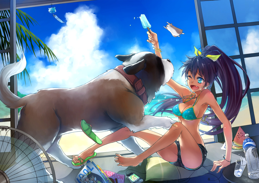 absurdres antenna_hair arm_up bandaid bare_legs bare_shoulders barefoot bikini black_hair blue_eyes bottle bracelet breasts cameo cloud clouds cup dog earbuds earphones earrings electric_fan fang flip-flops food fruit ganaha_hibiki haimerejzero hair_ribbon hamster hamuzou highres hoop_earrings ice idolmaster inumi iphone jewelry long_hair magazine open_mouth phone ponytail popsicle revision ribbon sandals short_hair single_shoe size_difference sky solo swimsuit swimsuit_under_clothes water_bottle watermelon wind_chime wink