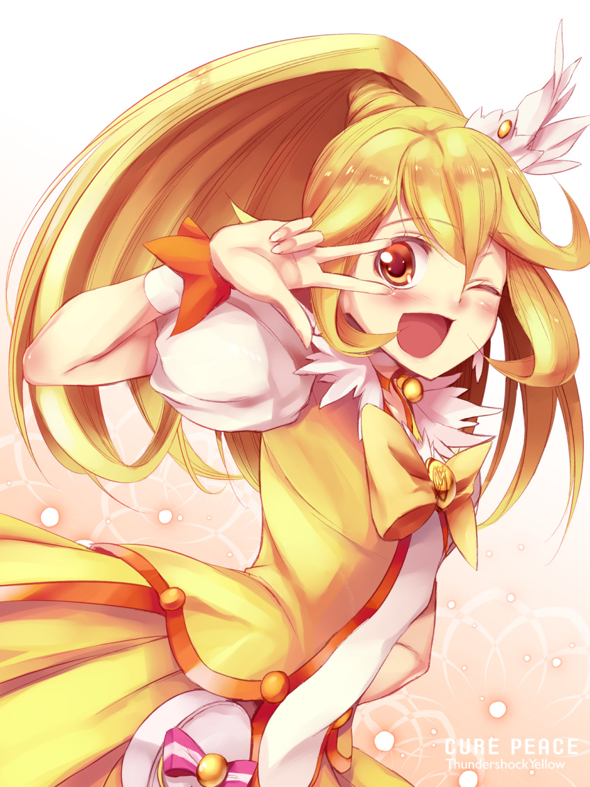 ;d blonde_hair blush bow cure_peace dress fukai_ryousuke hair_ornament highres kise_yayoi long_hair magical_girl open_mouth ponytail precure simple_background smile smile_precure! solo v white_background wink yellow_eyes