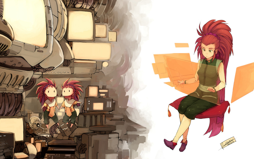 capri_pants character_doll faustsketcher floating_screen green_eyes hakubi_washuu highres long_hair pantyhose pillow ponytail red_hair redhead science_fiction scrunchie see-through sleeveless solo spiked_hair spiky_hair tenchi_muyou! typing very_long_hair wallpaper