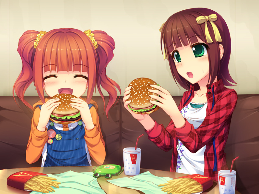 amami_haruka bag brown_hair closed_eyes drink eating eyes_closed food french_fries green_eyes hamburger idolmaster kageira long_hair multiple_girls overalls pinstripe_pattern plaid purse short_hair takatsuki_yayoi twintails