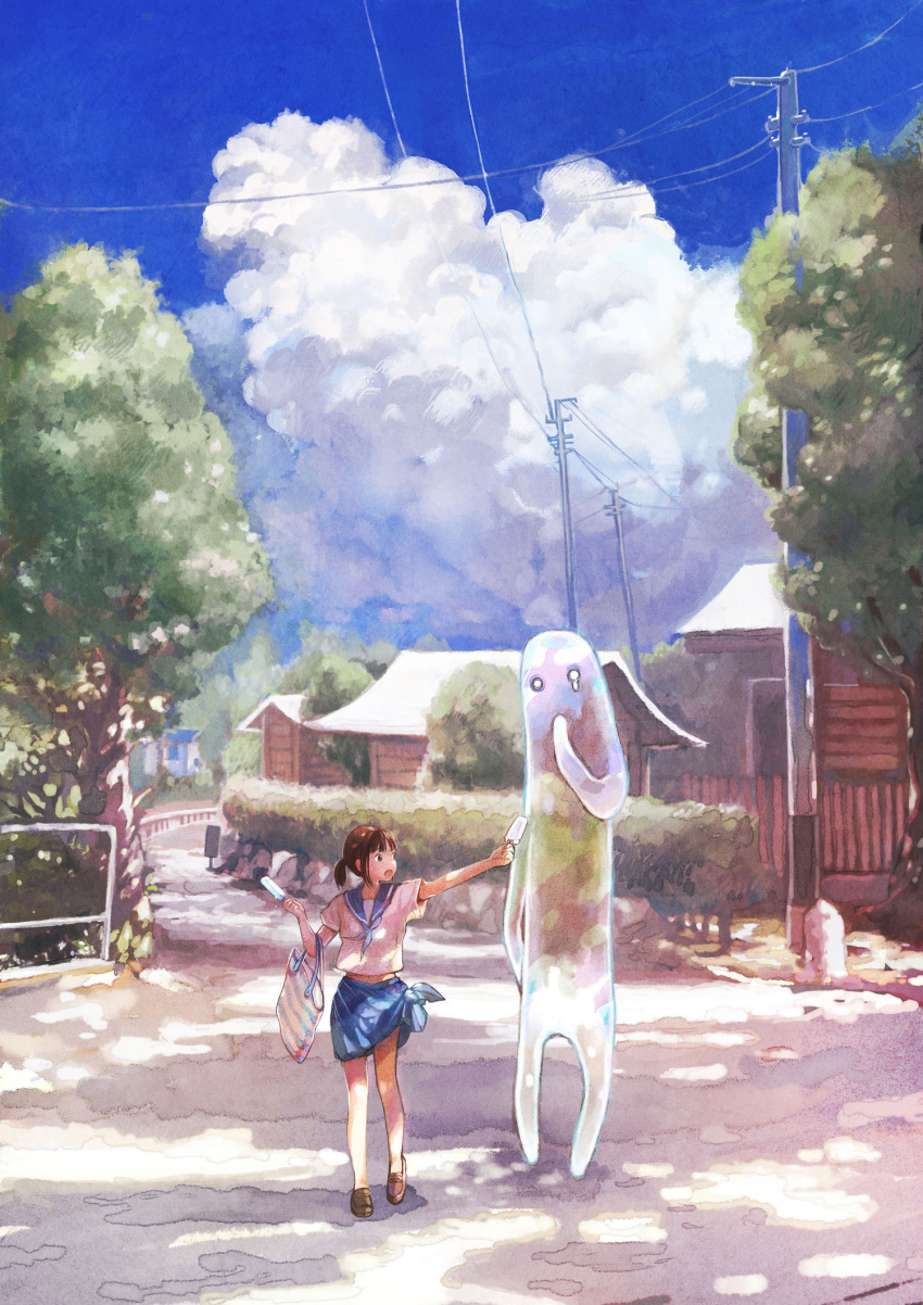 absurdres brown_eyes brown_hair cloud clouds ghost highres original plasm popsicle power_lines resized revision scenery school_uniform skirt solo twintails