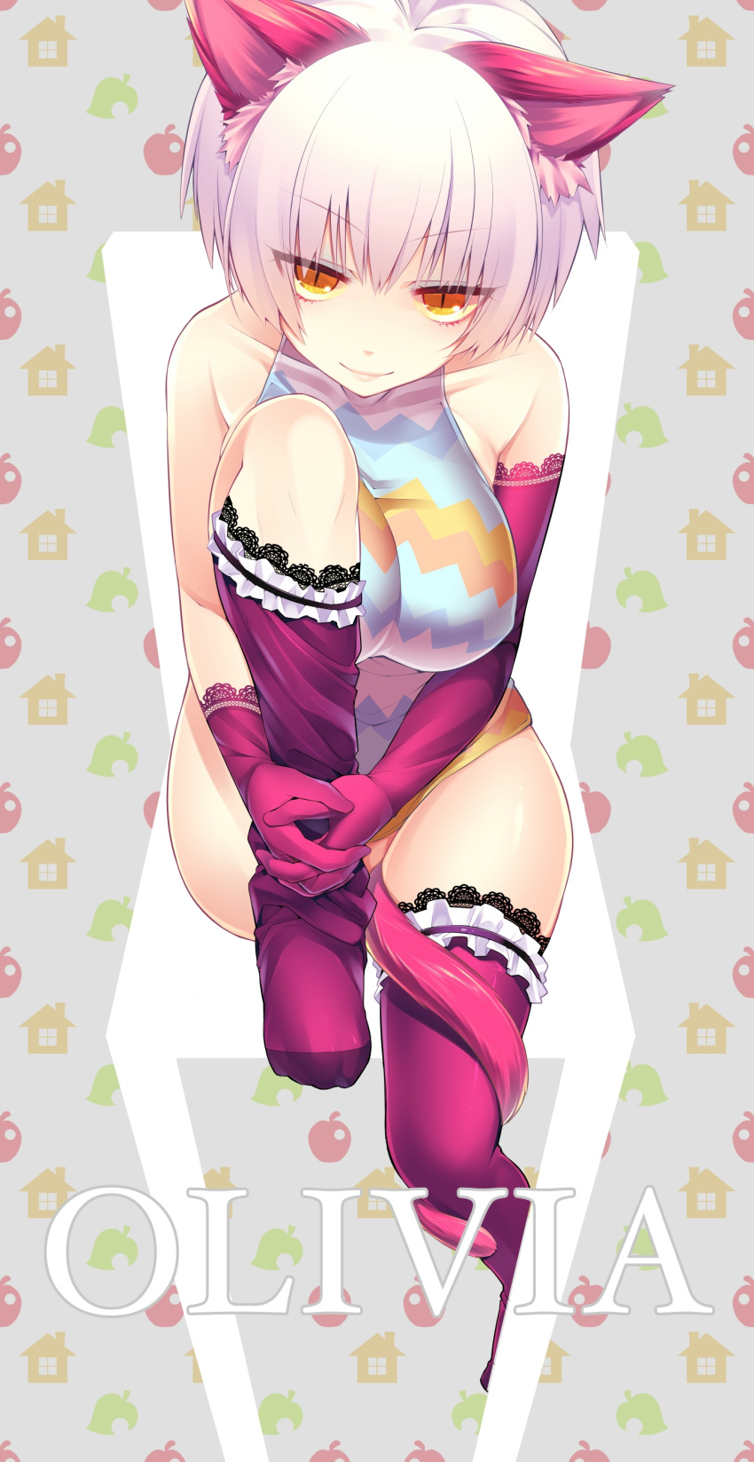 absurdres animal_crossing animal_ears bad_id breasts cat_ears cat_tail chair character_request elbow_gloves giuniu gloves highres leg_hug olivia_(animal_crossing) personification purple_legwear short_hair silver_hair sitting slit_pupils smile solo tail thigh-highs thighhighs yellow_eyes