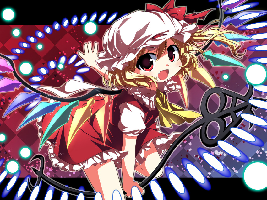 blonde_hair danmaku fang flandre_scarlet hat highres laevatein nagayama_yuunon ponytail red_eyes revision short_hair side_ponytail solo touhou wallpaper wings