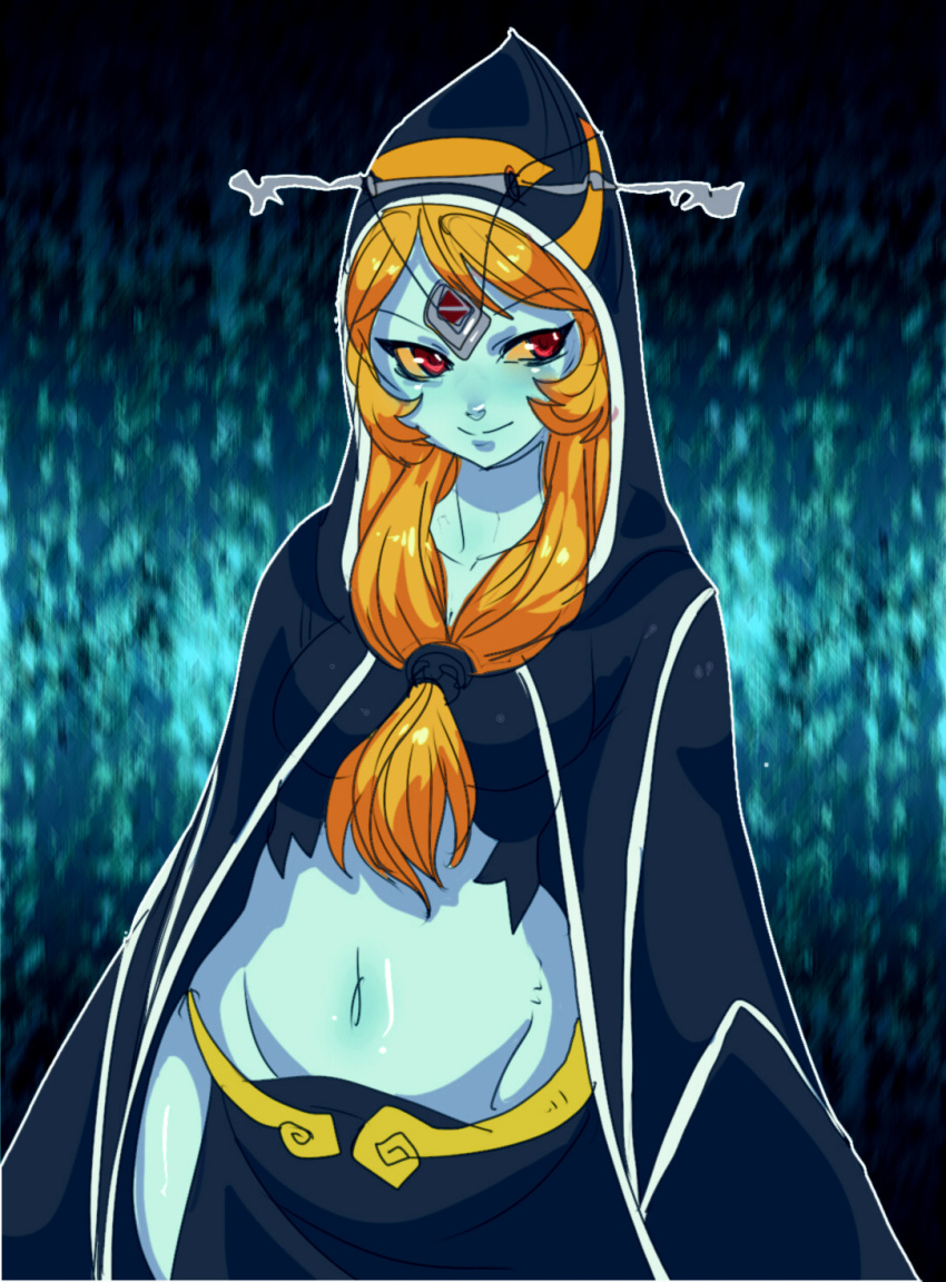 blue_skin forehead_jewel front_ponytail highres hood long_hair maniacpaint midna midriff navel orange_hair red_eyes smile solo spoilers the_legend_of_zelda twilight_princess yellow_sclera