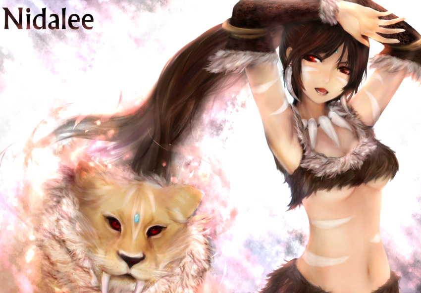 brown_eyes brown_hair character_name cleavage cougar_(animal) detached_sleeves earrings forehead_jewel highres jewelry league_of_legends lips long_hair navel necklace nidalee open_mouth ponytail red_eyes smile teeth tribal under_boob underboob zhang_xiao_bo