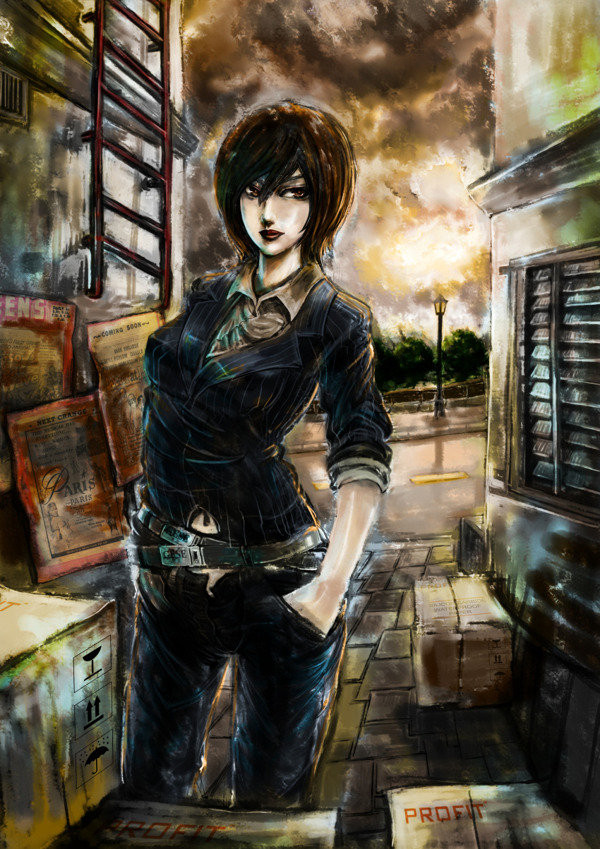absurdres ada_wong alley bangs casual for_the_flandre hands_in_pockets highres multiple_belts resident_evil short_hair sleeves_pushed_up solo sweater