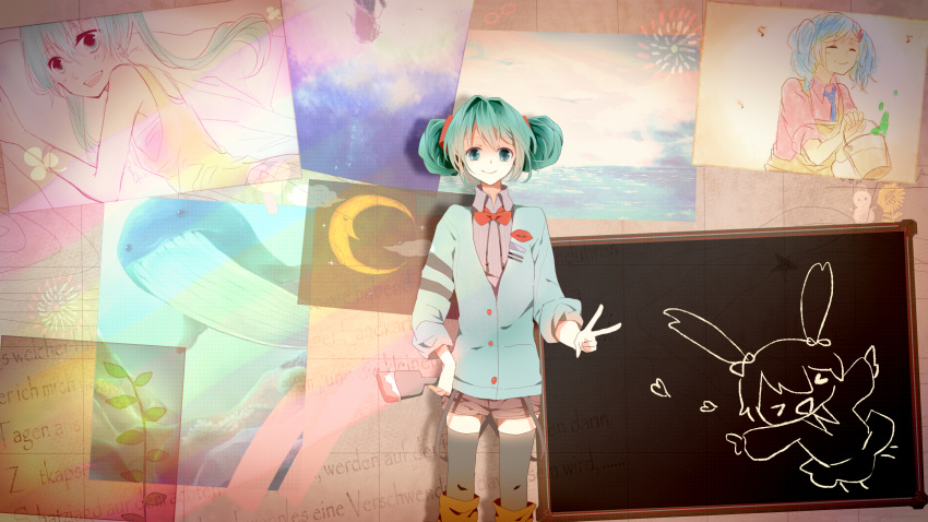 alternate_hairstyle bad_id bowtie green_eyes green_hair hand_on_hip hatsune_miku highres hina paintbrush shorts smile solo thigh-highs thighhighs v vocaloid