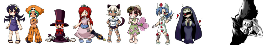1boy 6+girls adapted_costume age_regression animal_ears annoyed aruse_yuushi avery_(skullgirls) bad_feet bangs bell bell_collar black_eyes black_hair black_sclera blonde_hair blue_eyes blue_hair blunt_bangs blush bob_cut bow brown_hair buruma cat_ears cat_tail cerebella_(skullgirls) child claws collar crossed_arms crossover dark_skin double_(skullgirls) dr_avian_(skullgirls) dress egg everyone eyepatch eyeshadow fang filia_(skullgirls) flat_chest flower gloves green_hair gym_uniform habit hair_over_one_eye hands_on_hips hands_together hat highres jojo_no_kimyou_na_bouken lineup long_hair long_image makeup mary_janes mask mask_removed mechanical_arms midriff monochrome nadia_fortune navel necklace nun nurse nurse_cap one-eyed open_mouth orange_hair oversized_clothes pacifier painwheel_(skullgirls) pants parasoul_(skullgirls) parody peacock_(skullgirls) ponytail puffy_sleeves red_eyes red_hair samson_(skullgirls) sandals scar shaded_face shoes short_hair simple_background skullgirls sleeveless smile standing stitches sunglasses surgical_mask symbol-shaped_pupils syringe tail tiara top_hat umbrella valentine_(skullgirls) vice-versa_(skullgirls) white_background white_gloves white_hair young