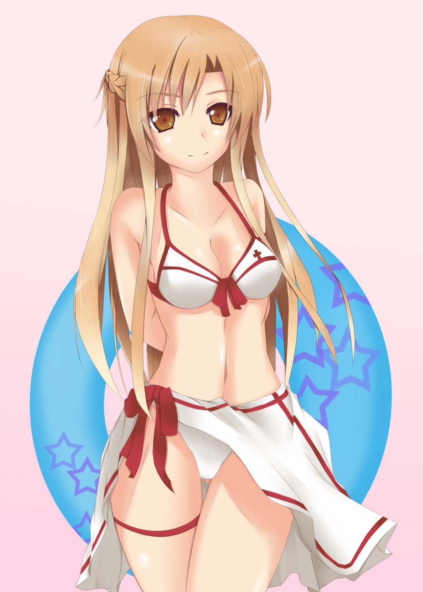 1girl a-1_pictures adapted_costume ascii_media_works asuna_(sao) bikini brown_eyes brown_hair cute highres innertube long_hair nyabe pink_background sarong solo star star_print swimsuit sword_art_online thigh_gap yuuki_asuna