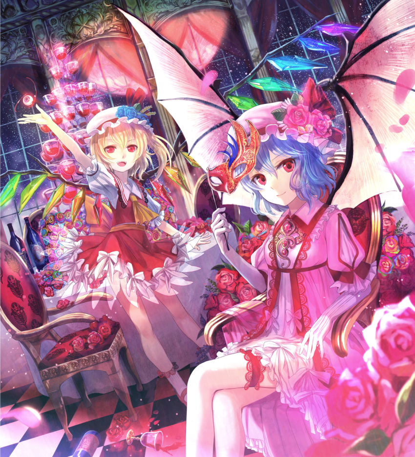 arm_up ascot bare_legs bat_wings blonde_hair blue_hair blue_rose bottle brooch chair checkered checkered_floor crossed_legs cup dress dutch_angle elbow_gloves embellished_costume eyes flandre_scarlet flower fuji_choko full_moon garters gloves hat hat_flower highres jewelry leg_garter legs_crossed looking_at_viewer mary_janes mask moon multicolored_rose multiple_girls night night_sky petals pink_rose red_eyes red_moon remilia_scarlet revision rose shoes short_hair siblings side_ponytail sisters sitting sky smile spill star_(sky) starry_sky table teacup touhou waving white_gloves window wings