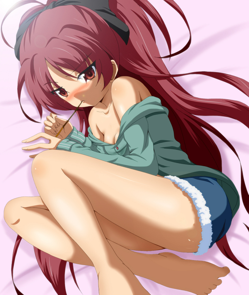 bare_legs bare_shoulders barefoot blush curled_up dr._cryptoso face feet highres long_hair lying mahou_shoujo_madoka_magica mouth_hold off_shoulder on_side open_clothes open_shirt pocky ponytail red_eyes red_hair redhead revision sakura_kyouko shirt shorts solo toes